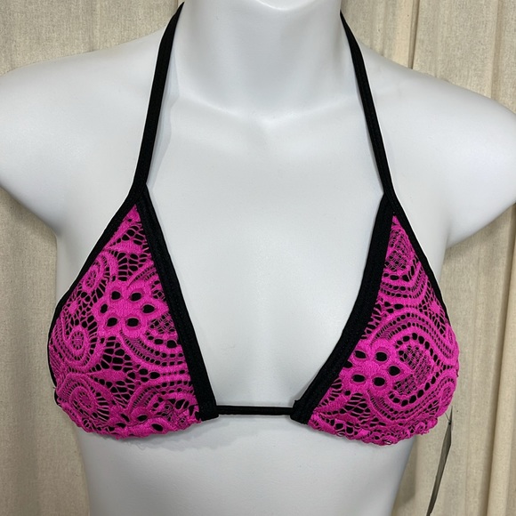 NEW! BLACK LIGHT HOT PINK & BLACK LACE DANCE THONG BIKINI SET OSFM - Picture 4 of 11